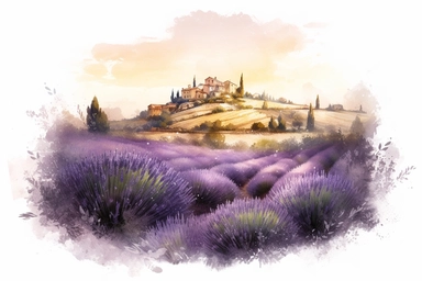 illustration watercolor art of cute lavender, provence, meadow, village, small and colorful particles, France, masterpiece by Jean-Baptiste Monge style and by Vladimir Kush style and by Hans Zatzka style, rococo style, PNG clipart, isolated on white, extreme photorealistic details, 32k HD resolution, realistic high detailization high resolution