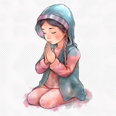 Watercolor Prayer Prayer Hand. png Full body realistic cartoon 32k UHD cute. 15 cm thick outline. Black color. There was no shadow on the ground. with realistic watercolors and detailed illustrations. Cartoon, PNG clipart, transparent white background