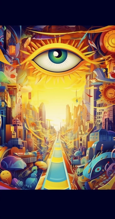 The time tunnel in the shape of eyes, flying out a lot of fantastic products, fun and interesting young people, colorful, paradise, mobile phones, frisbees, drones, clipart, intricate, ultra-detailed, vivid colours, high definition, UHD