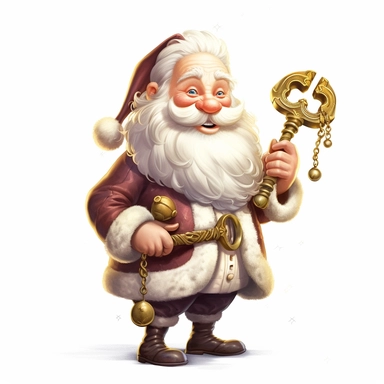a cute whimsical Pixar Disney style classic Santa Claus he is holding up a little golden sparkling key clipart in one hand, digital illustration, detailed, realistic, detailed Pixar Disney style, on white background