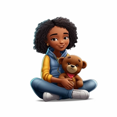 3D toy of a young happy black girl sitting down hugging a teddy bear in the style of boondocks in the style of marvel comics cartoon with white background can't believe how beautiful this is clipart, graphic vector, isolated on white background