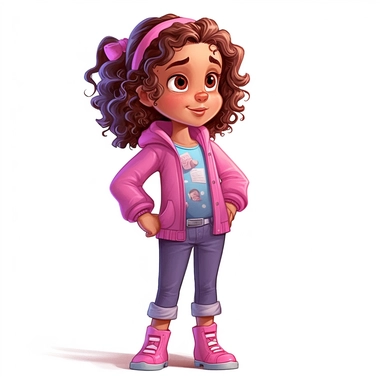4 year old cartoon Pretty girl, cute cartoon white skin girl with medium lenght curly hair with a pink bow and brown eyes, wearing fuchsia t-shirt, pink coat, blue jeans and pink sneakers, smiling with her arms crossed. Pixar childrens book cartoon style, detailed, modern, urban, watercolor, full color, flat color, white background, children book illustration. Watercolor clipart. Pixar animation