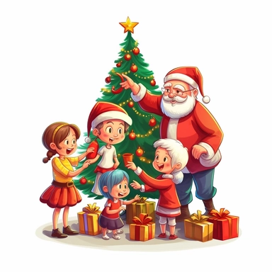 clipart digital svg cartoon of santa decorating the Christmas tree with the family, on a whte background no shadow