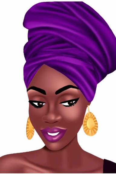a woman with a purple turban and gold earrings, a picture, by Dulah Marie Evans, featured on pinterest, black arts movement, telegram sticker, in the style of sifu new emoji of biting your lip, garbed in a purple gown, 2019 trending photo, purple roofs, clipart, ebony