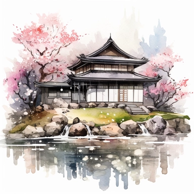 japanese architectural house clipart, water colour, spring, sakura, japanese ornamental flowers and seasonal flowers, rocks in front of house with dripping paint as shadows dull dark colour but serious tone full image no crop
