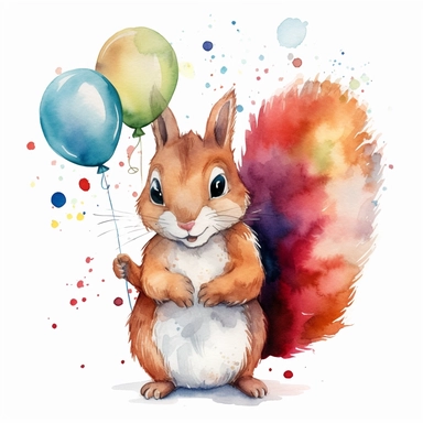 please create watercolor clipart of a squirrel smiling, wearing party BALOONS AND GUM and bubbles, colorful, WHITE BACKGROUND