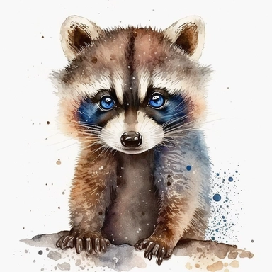 watercolor cute raccoon cub with bright blue eyes, animal illustrations, appropriation artist, aquarellist, album covers, disney animation, light maroon and light gold, precisionist art , clipart--ar 107:158
