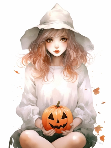 watercolor painting, cute girl wearing halloween witch hat, sangchae wearing white lace skirt, sweatshirt with cute pumpkin drawing, mischievous expression, clipart, 8k, HD, white background,