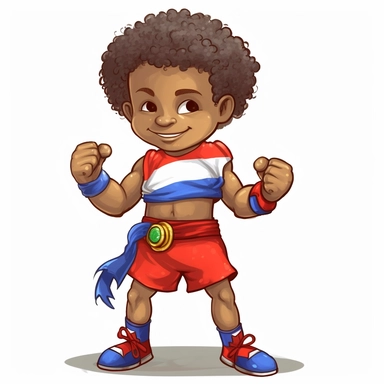 curly head Haitian Boy wins championship belt in boxing, red gloves, puerto rican flag shorts, clipart, white background