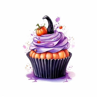 Ella bailey watercolour illustration with black gel pen outline style Halloween cupcake, high definition, no drips,16k, insanely detailed, fine detail, sharp focus, illustration, white background, isolated clipart vector