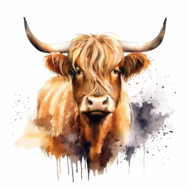 Capture the charm and beauty of a Highland Cow in a watercolor clipart, highlighting its full body character in a close-up view that showcases its distinct features and textured coat with incredible precision and Very High Quality image resolution