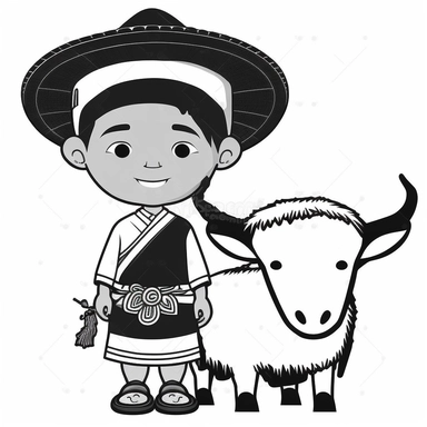 a boy, simple, traditional costume, local food, and animal,educational, history, and cultural diversity, clipart style, cute, picture book style, captivating, kid friendly cute character, black and white, coloring book, not color style, cartoon style, vector image, simple, line art style, character, white background