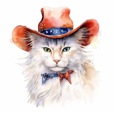 Turkish Angora Cat with cowboy hat, watercolor, sharp illustration clipart, insane detail, white background