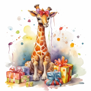 please create watercolor clipart of a giraffe, smiling, wearing party clothes with birthday presents, colorful