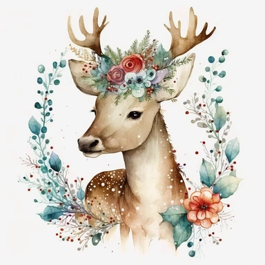 watercolour fairytale cute Christmas reindeer with Christmas lights on antlers with Christmas flowers beautifully detailed cute Christmas reindeer , png image,high resolution,300dpi,graphic clipart,computer graphics