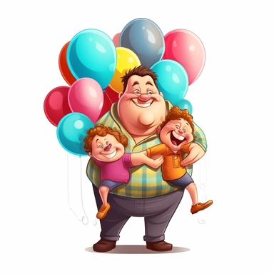 fathers day clipart, fat father holding many besutiful baloons, hugs tightly with son, cartoonic, cute