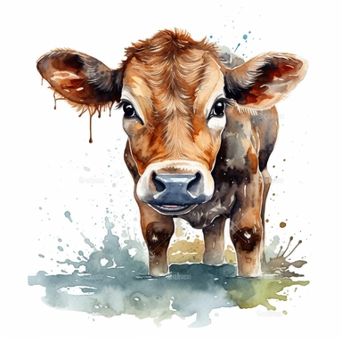 A clipart watercolor of an adorable newborn baby cow drinking water on a farm, hyper - realistic cow, realistic animal illustration, illustration by zowiemnzad, in the style of uhd image, depictions of realistic animals, farm aesthetics, 8k, hyper - detailed, ink on canvas, digitally enhanced, clean white background