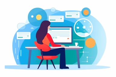 a woman sits at a computer desk and is looking at different websites, in the style of colored cartoon style, clipart, soft and rounded forms, vector, minimal, white background