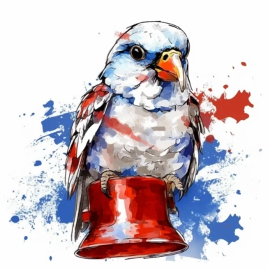 Patriotic Parakeet, perched on a small Liberty Bell, isolated on a white background, abstract expressionist style, clipart,