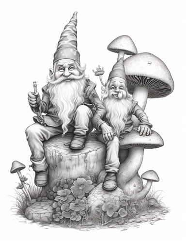 light gray and bubbles, two humanoid gnomes are sitting on a huge mushroom, highly detailed clipart, hdr, 32K, photo expert quality, greatest for coloring realistic, hyperrealistic and highly detailed, coloring book pages, isolated on a white background