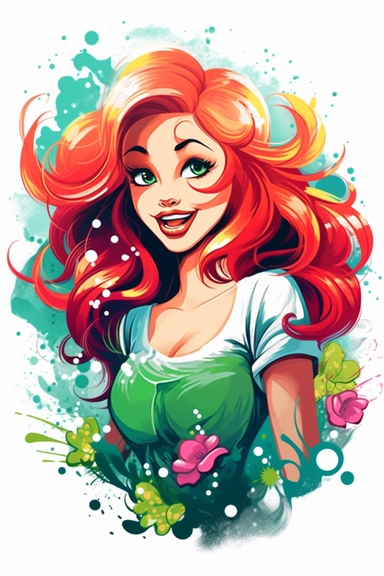 Ariel cartoon, disney style, clipart, t-shirt design , isolated on solid white background, , png , vector t-shirt design