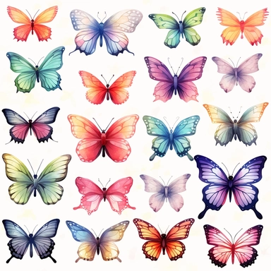 Butterflies, Watercolor, vector, white background, clipart, Seamless patterns, repeating patterns design, flat illustration,outlined , Vector, 4K, Art station, digital print, highly detailed clean, A detailed illustration a field,3D vector art, cute and quirky, fantasy art, watercolor effect, bokeh, Adobe Illustrator, hand-drawn, digital painting, low-poly, soft lighting, bird's-eye view, isometric style, retro aesthetic, focused on the character, 4K resolution,vector image, photorealistic maste