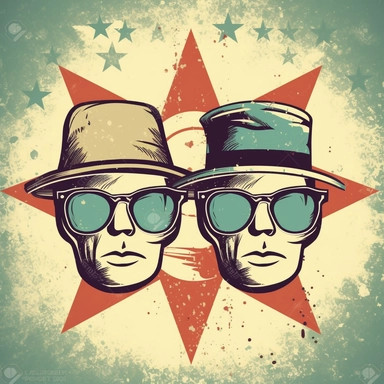 vector simple lines 2 brothers vintage look rock and roll one with glasses in shape of stars and the other with a baseballa hat clipart style