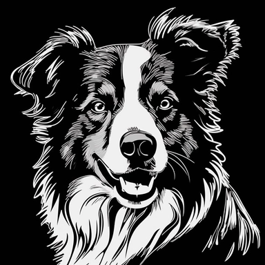 the image of a white Australian Shepherd on black is shown, in the style of stencil art, heavy outlines, flickr, hard edge, sculpted, woodcut, clipart cut file cuttable cricut vector