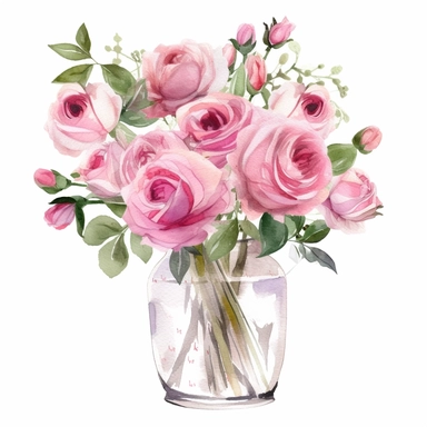 watercolor 30 pink Roses in a Glass Vase clipart