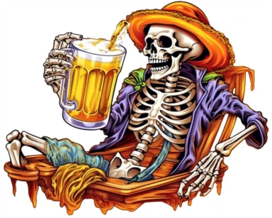 clipart of pirate skeleton drinking a beer with one hand and a hook for the other hand, sitting in a pirate ship isolated on a white background t-shirt design in vivid colors