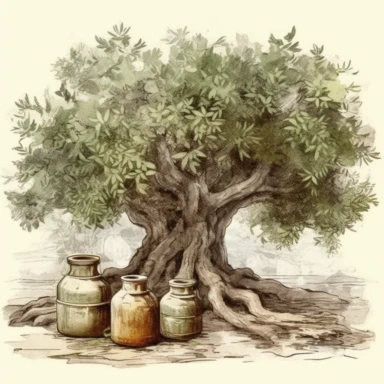 Ancient vintageolive tree. In front of the tree on the ground are jars of olive oil. Vintage, Artistic, clipart, detailed
