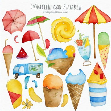 Please create a series of watercolor and pencil drawing clipart illustrations featuring different items related to summer. Each illustration should be drawn in a charming and playful style that captures the beauty and vibrancy of the season. Items to include can be beach umbrellas, flip flops, sunglasses, ice cream cones, sandcastles, and seashells. Please use a combination of watercolor and pencil drawing techniques to create a unique and artistic look. Additionally, please incorporate some gol