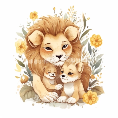 Cute floral illustration, realistic adorable baby lion hugging his mom happy clipart, nursery style clipart, Nursery Animals Art, Kids Wall Art, Kids Room Decor, Baby Room Decor, isolated on white, ultra - detailed, high quality, ghibli style, award winning
