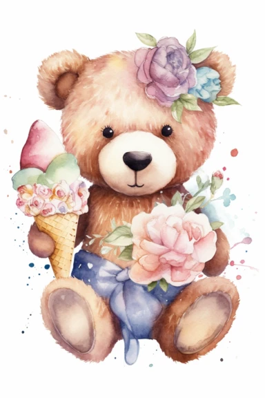 teddy bear with ice cream watercolor clipart