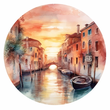 Beautiful Canal in Venice while sunset, round watercolor clipart, in the style of charming illustrations, meticulous design, painted illustrations, ferrania p30, multilayered realism, sharp details, rich details, free brushwork, using a palette of pastel shades, isolated white background