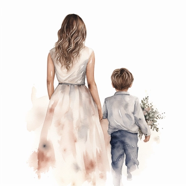 Mom and son wedding guests, from the back, clipart, watercolor, white background