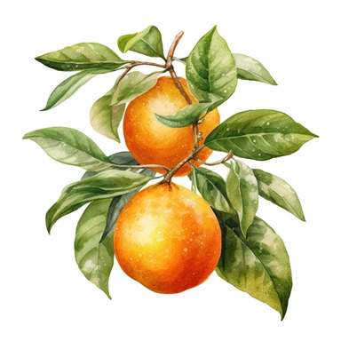 This highly detailed watercolor clipart showcases a captivating orange fruit with lush green leaves in the background, presented against a clean white backdrop. The artwork exudes an elegant and serene vibe with its neutral color palette, capturing the essence of nature's beauty. The orange is meticulously rendered, showcasing its textured peel and vibrant hue, while the surrounding leaves add a touch of botanical charm. The watercolor technique brings depth and realism to the clipart, making it