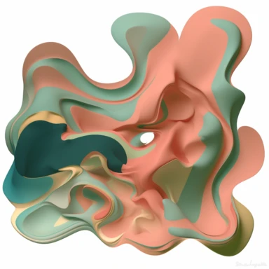 Surrealist airbrush-style clipart image composed of flowing, organic shapes, each taking on one of the provided colors: deep sea green (#1d3537), soft coral pink (#e87c77), and vivid honey yellow (#f6c400). The shapes should interplay and merge in a dream-like manner, creating a sense of fluid movement and harmony within the image. The entire artwork is set against a crisp white background, providing stark contrast that accentuates the colors and shapes. The result should have the distinct softn