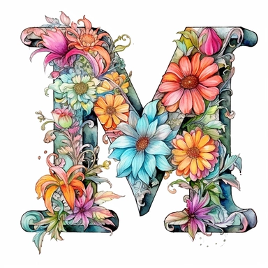 Pastel Vintage Flower Alphabet  M  Watercolor and ink Clipart, Cartoon, anime, hyper-realistic, high contrast, intricate detail, illustration style, high solution on the white background, M M M M M M M M M