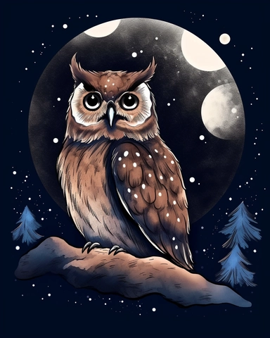 Whimsical Illustration, A stunning fantasy galaxy background with a cute baby Eurasian Eagle-Owl perched on a planet, gazing out at the stars with a sense of wonder and awe, Clipart, contour style, simple, cute, white background
