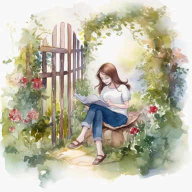 beautiful girl reading in a garden with floral fence, illustration for book lover, in the style of romantic academia, pretty, realistic watercolor paintings, transparent/translucent medium, clipart, isolated on white background, pont-aven school, dusty piles, optical