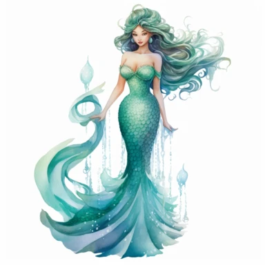 full length mermaid, watercolor, clip art, white background