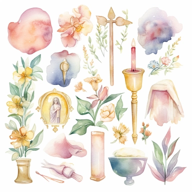Watercolor clip art with Catholic religious undertones. Inspirational. Soft colors. Image only. No text. White background.