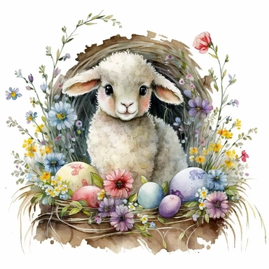 an adorable watercolour easter baby lamb with big eyes surrounded by flowers and easter eggs clipart, in a cozy and rustic barn. The lamb is sitting on a bed of hay, with baskets of colorful easter eggs and bouquets of wildflowers nearby. The atmosphere is warm and inviting, with a touch of nostalgia. Artwork, painted with watercolors and ink