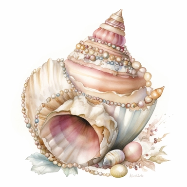Watercolored pencil style illustration, boho style conch shell decorated with pearls, pink, beige and silver, isolated on a white background, PNG file clipart style, Dennis Wojtkiewicz, Amanda Clark, Lowell Herrero,