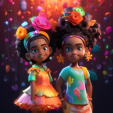 There are two little african american girls wearing colorful and vibrant dresses, with flower-shaped hair clips adorning their hair,3d art,c4d,actane render,ray tracing,popmart bling box,clay material,pixar trend,animation ligting,depth of field,ultra,detailed 5