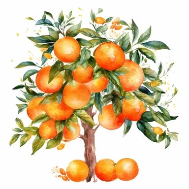 orange themed clipart spaced apart, white background, orange juicebox watercolor clipart, orange tree watercolor clipart