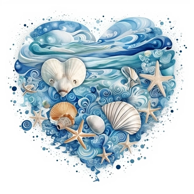 the beach blue waves has heart, couple, snails, starfish..., Watercolor Clipart, details