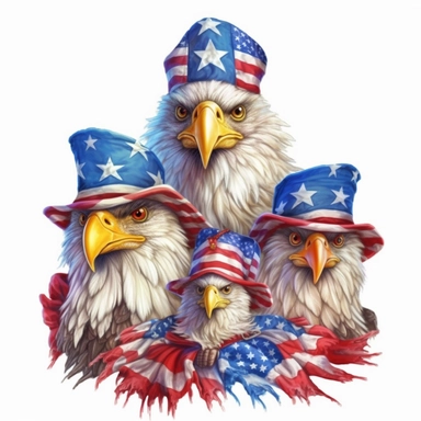 digital clipart, solid white background, a realistic family of bald patriotic eagle wearing 4th July apparel