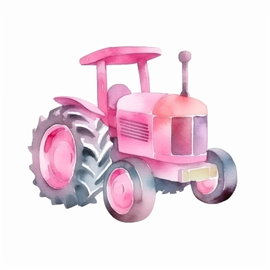 cute farm pink tractor flat illustration in watercolor style clipart, for kids book cartoonish, isolated, on white background